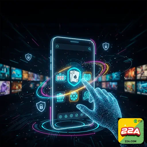 Imagem do site 22a mostrando um aplicativo móvel na tela, representando inovação tecnológica na plataforma 22a.